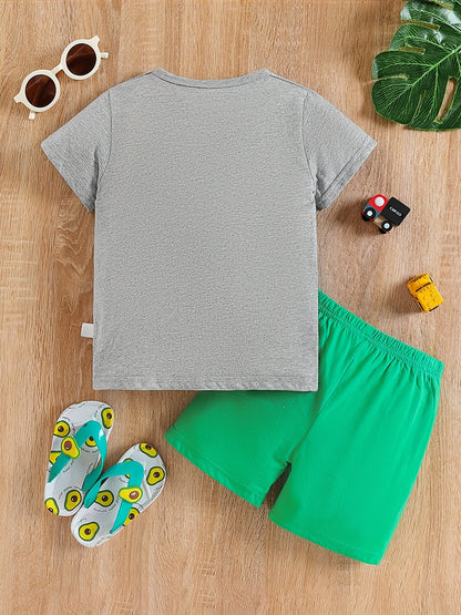 Boy's Tractors Print Casual Outfit Round Neck T-shirt & Shorts, Kids Summer Clothes Set For Daily And Outdoor Wear