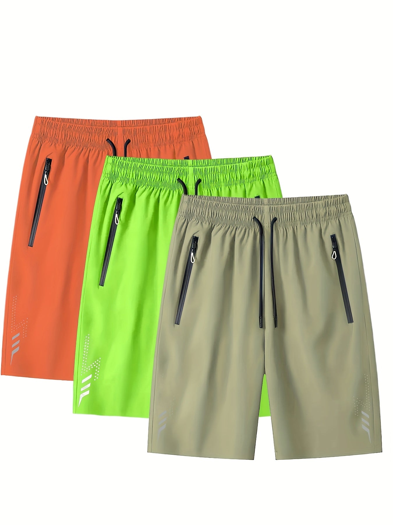 3pcs Men's Lightweight Quick-Dry Athletic Running Shorts - Loose Fit Plus Size, Zipper Pocket &amp; Elastic Waistband, Polyester/Elastane Blend Swim Shorts with White &amp; Black Design for Gym, Beach, Jogging - Summer Workout Swim T