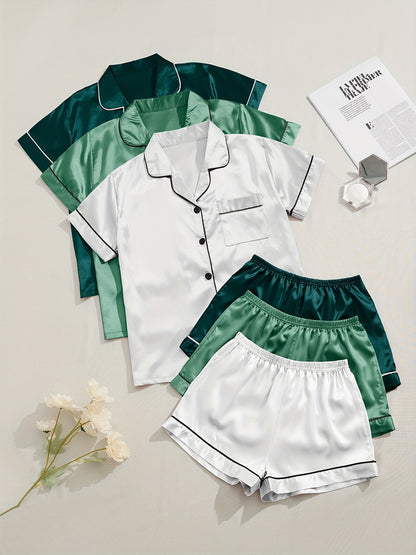 3 Sets Satin Pajama Set, Short Sleeve Lapel Top &amp; Elastic Waistband Shorts, Women's Sleepwear &amp; Loungewear