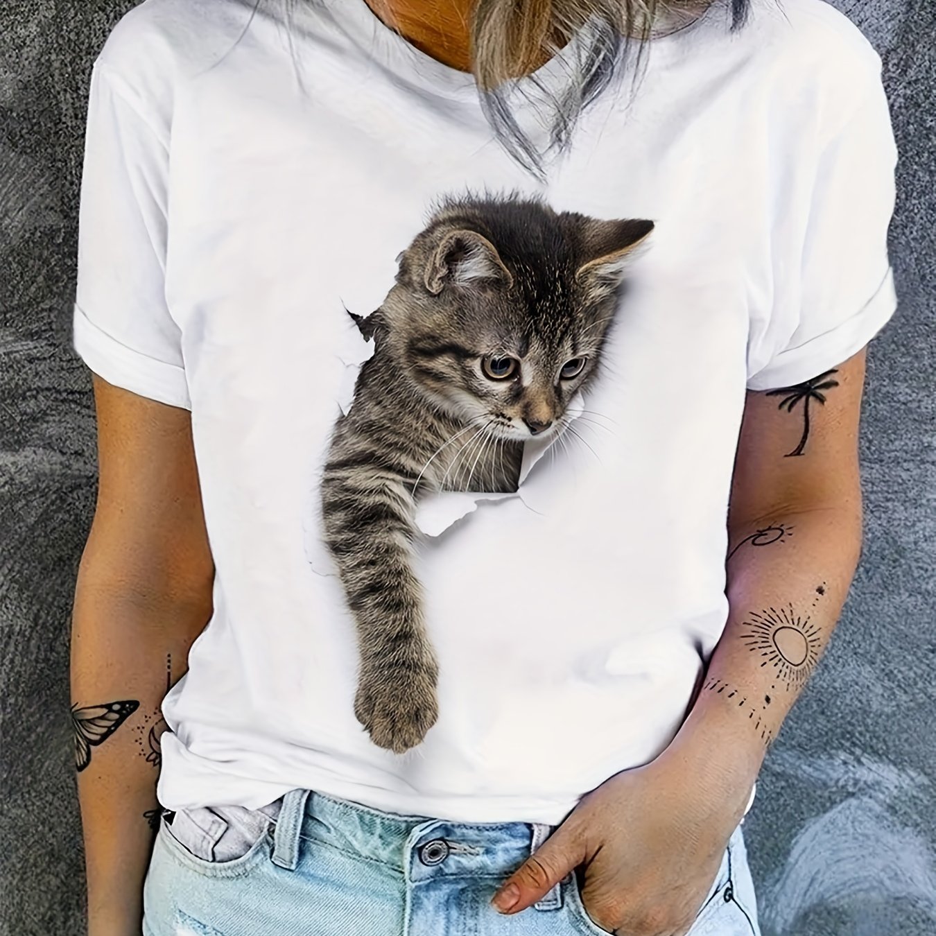 Cute Cat Print T-shirt, Crew Neck Short Sleeve T-shirt, Casual Everyday Tops, Women's Clothing