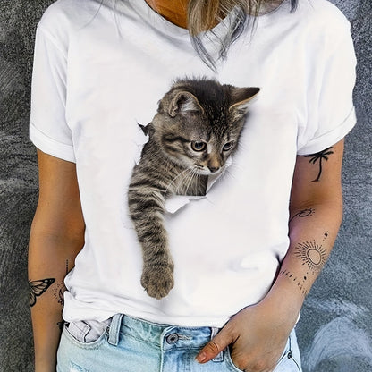 Cute Cat Print T-shirt, Crew Neck Short Sleeve T-shirt, Casual Everyday Tops, Women's Clothing