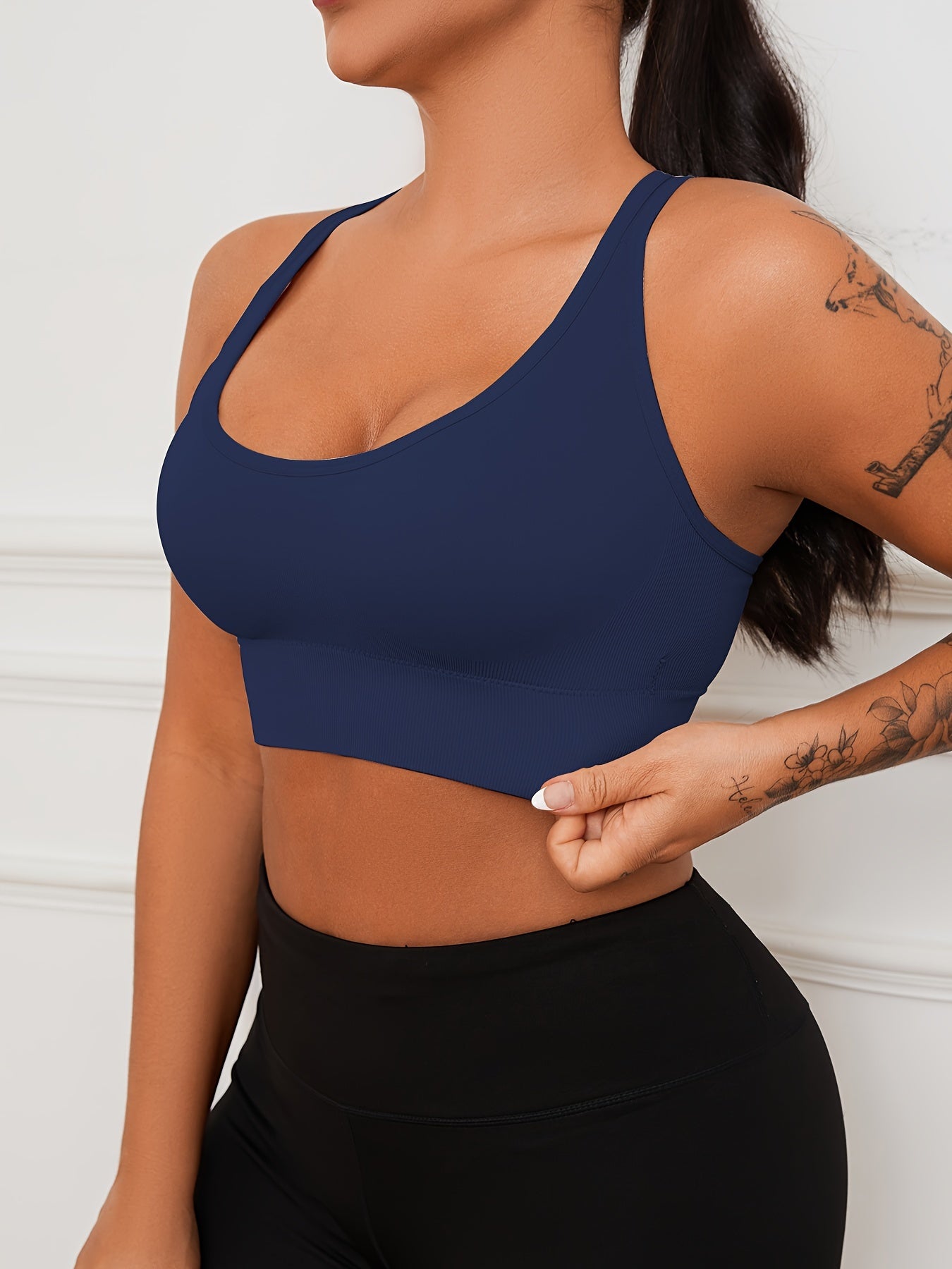 2pcs Stretchy Solid Racer Back Sports Bra, Comfy & Breathable Push Up Fitness Bra, Women's Lingerie & Underwear