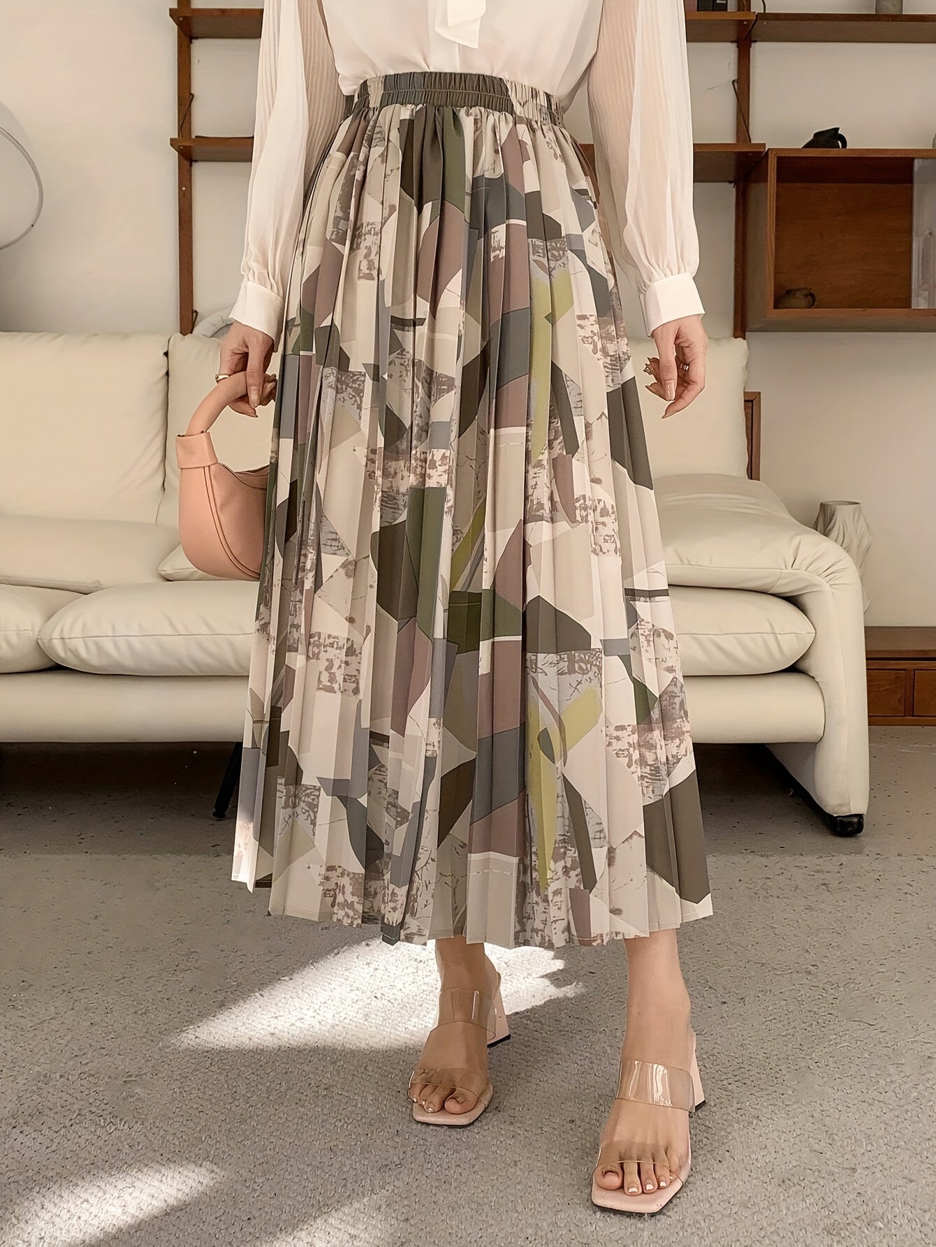 Elegant Geometric Pattern Pleated Midi Skirt for Women - Versatile, Fashion-Forward, Non-Stretch Polyester Fabric, Machine Washable - Perfect for All Seasons, Allseason Wear|Asymmetrical Hemline|Comfortable Fit