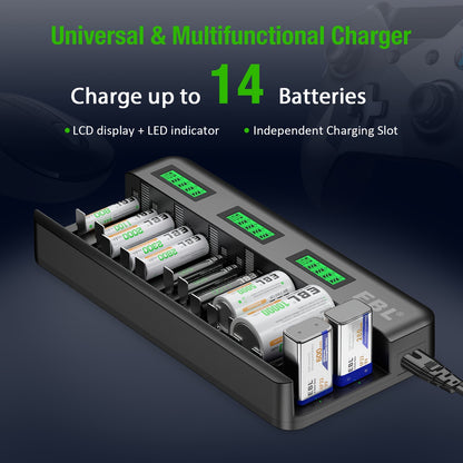 EBL 12+2 Bay LCD Rechargeable Battery Charger for AA AAA CD Ni-MH Rechargeable Batteries and 9V NiMH Ni-CD Rechargeable Batteries