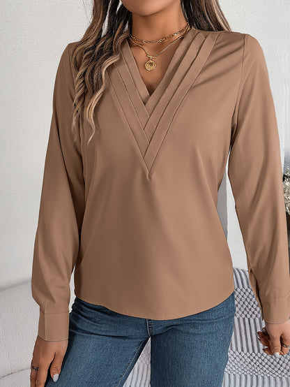 Women'S Elegant V-Neck Long Sleeve Shirt, Solid Color Polyester Blouse with Triple V-Cut, 95% Polyester 5% Elastane, Woven Fabric, 120g/m², for Spring/Summer/Fall - Adult