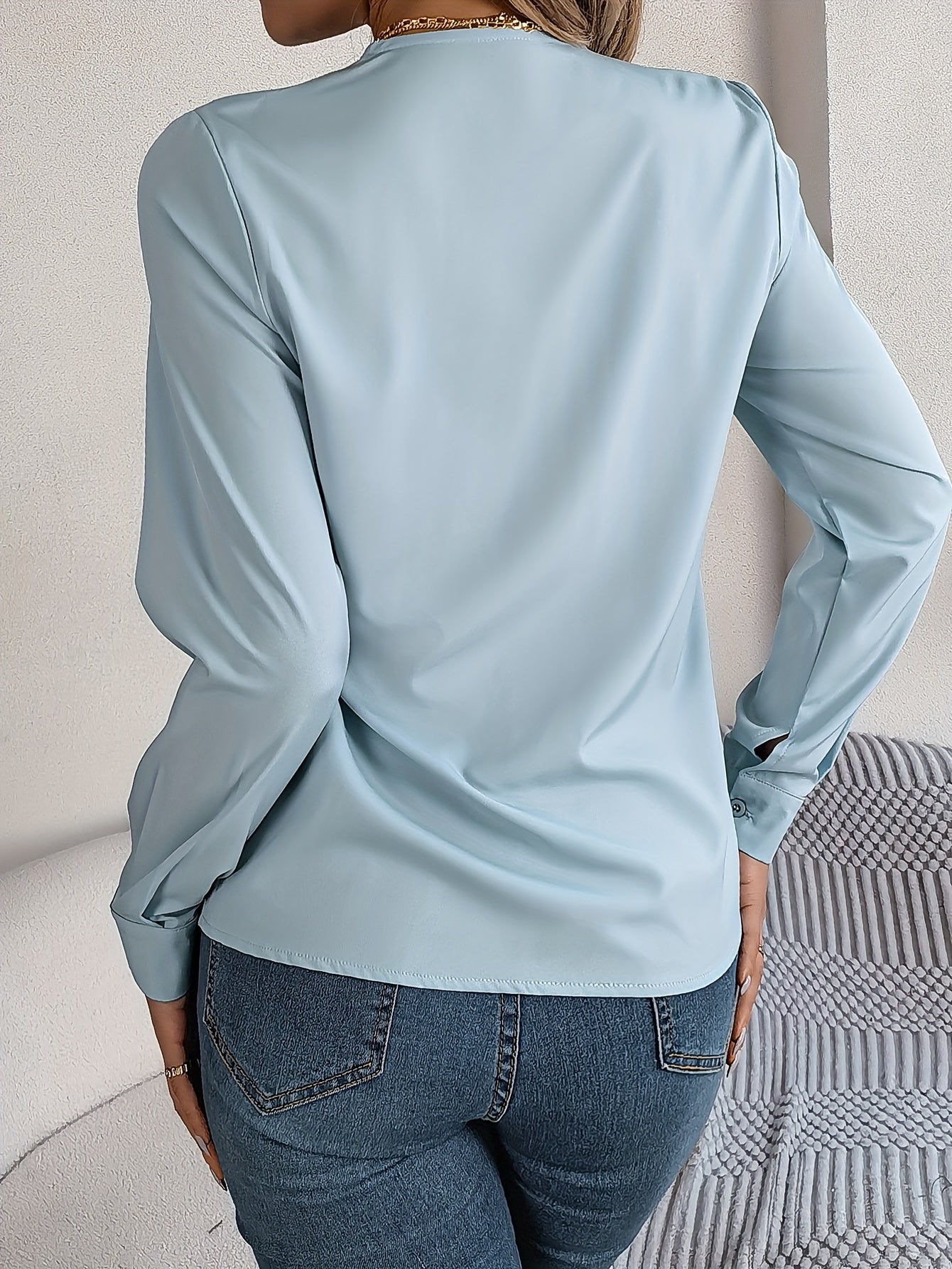 Women'S Elegant V-Neck Long Sleeve Shirt, Solid Color Polyester Blouse with Triple V-Cut, 95% Polyester 5% Elastane, Woven Fabric, 120g/m², for Spring/Summer/Fall - Adult