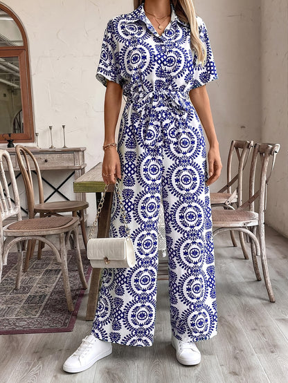 Women's Elegant Ethnic Floral Print Long Sleeve Jumpsuit - Navy Blue & White Retro-Inspired Button-Front Romper, Machine Washable Spring/Summer Dress for Casual & Formal Occasions, Floral Print Dress, Summer Outfit, Nontransp