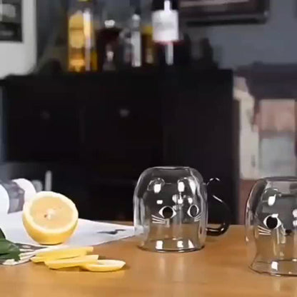 Caneca de vidro de 266 ml com encantador tema de gato - Isolamento de parede dupla, chávena de café de borosilicato sem chumbo com pega - Presente perfeito para amantes de gatos, mulheres, professores e amigos.