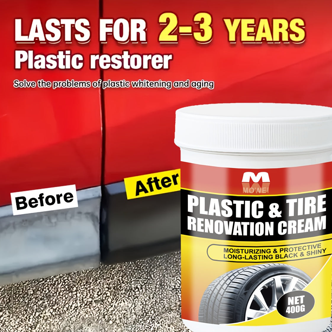 400g Multi-Surface Restorer Cream - Plastic & Tire Black Restoration, Anti-Aging Formula for Car Dashboard, Wheel Hubs, Sofa Seats - Universal Use, Before & After Results