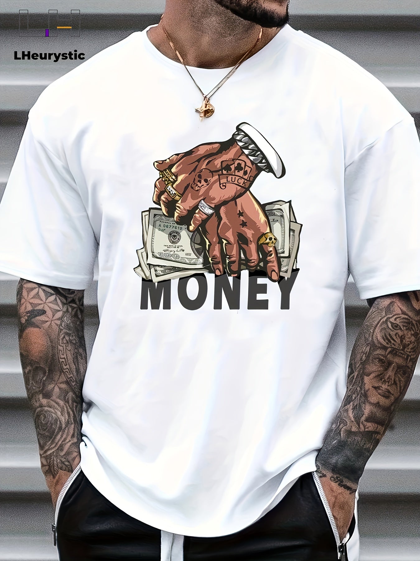 T-shirt de gola redonda para homem com estampado de dinheiro e mãos em estilo cartoon, t-shirt casual e confortável para o verão, ideal para usar no dia a dia em resorts e férias.
