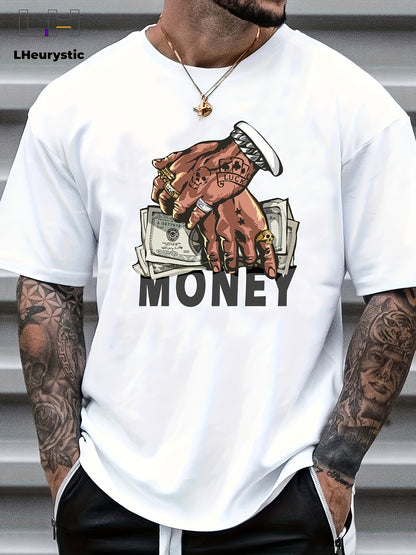 T-shirt de gola redonda para homem com estampado de dinheiro e mãos em estilo cartoon, t-shirt casual e confortável para o verão, ideal para usar no dia a dia em resorts e férias.