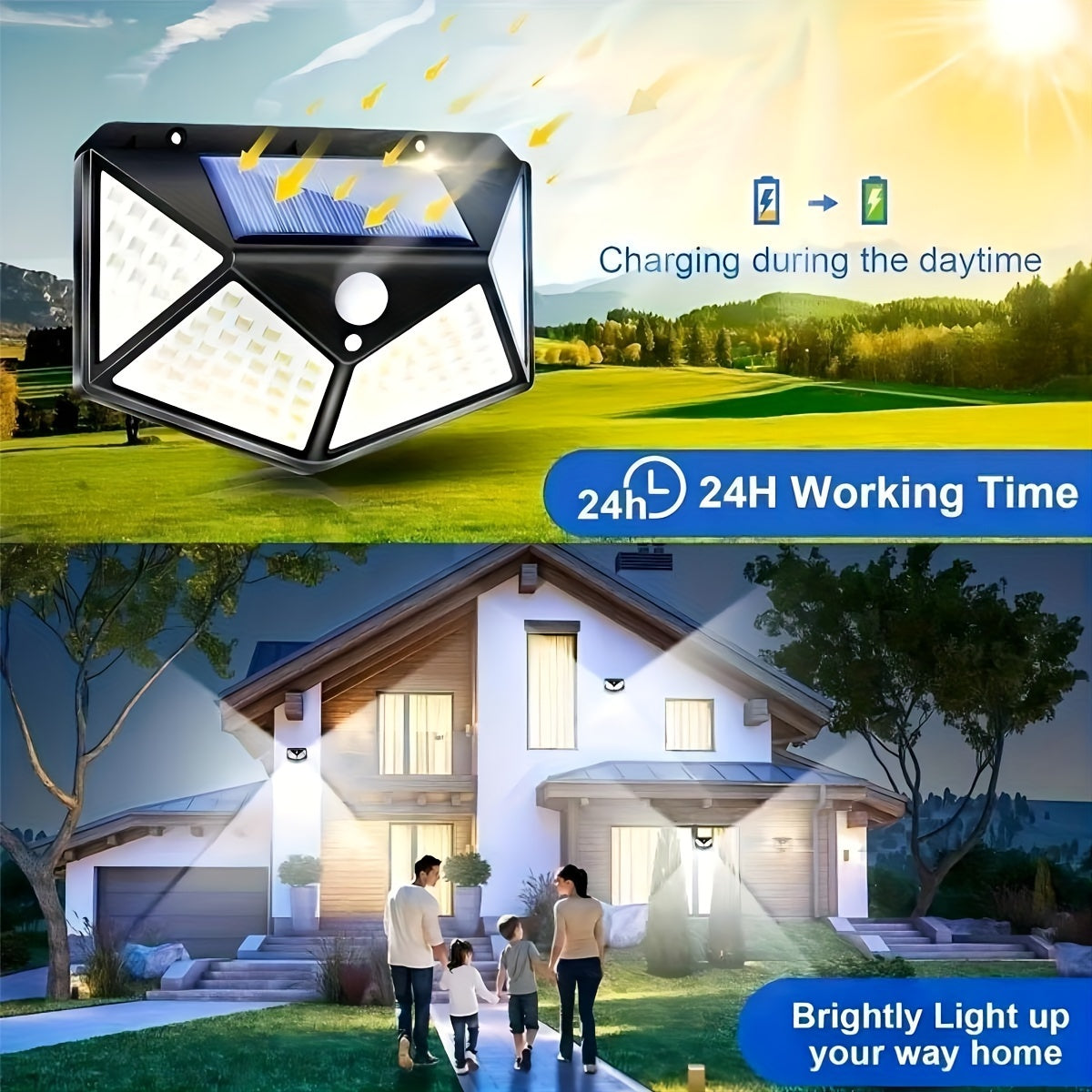4packs Solar Wall Lights 100 LED Super Energy Saving Lights, Motion Sensor Security Lights, 270° Range Lighting Outdoor Wall Lights, With 3 Modes For Yard Garden Patio Courtyard Fences Driveway Pathway