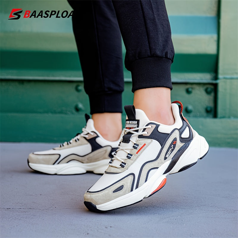 BAASPLOA Men's Sneakers - Lightweight Sneakers with Cushioned MD/TPR Sole, Beige/Black/Red Accent - Gym, Running, Everyday Shoes - Lace-Up Closure - All-Season (Spring/Fall/Summer) - Ideal for Men, Flexible Footwear