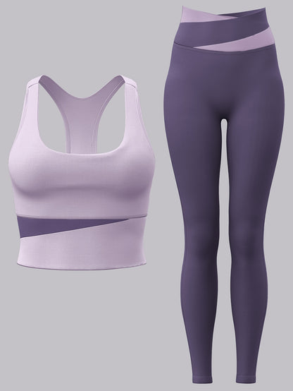 Women's 2-piece sports set with sports bra and leggings, color block design suitable for cycling, fitness, yoga, and running.