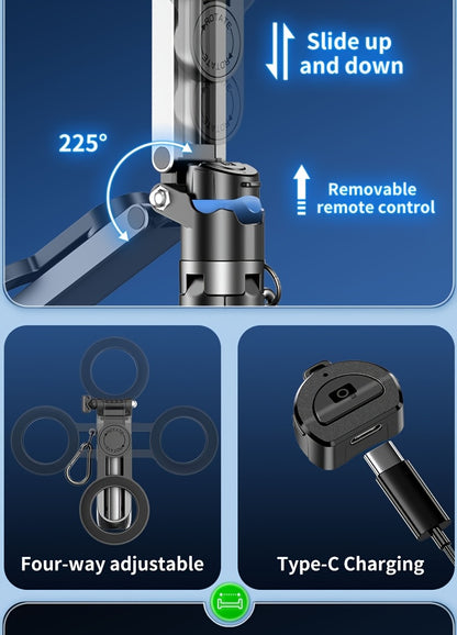 4-in-1 Multi-function Selfie Stick with Bluetooth Remote Control | Magnetic, Cell Phone Clip Dual Combination, 360° Rotation + 220° Flip Adjustment | Detachable Tripod/Cell Phone Holder | Portable Folding Compatible with 4.