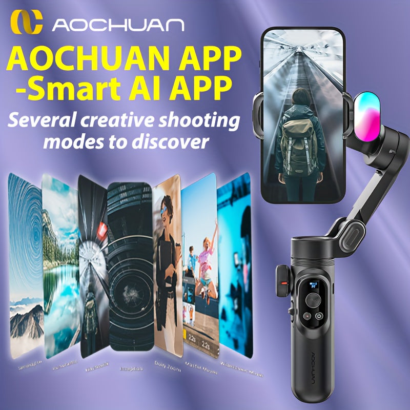 AOCHUAN Smart X Pro 3-Axis Stabilized Phone Gimbal Kit with AI Smart Control, 7-Color RGB Fill Light, OLED Display, Extendable Pole, 360° Rotation, Foldable Design, Long Battery Life, Professional Vlogging & Outdoor Shooting