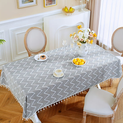 1pc, Bohemian Geometric Wave Pattern Tablecloth - European Style Cotton and Linen Rectangular Tablecloth for Farmhouse, Restaurant, Picnic, Camping, Birthday Party Decoration and Home Decor