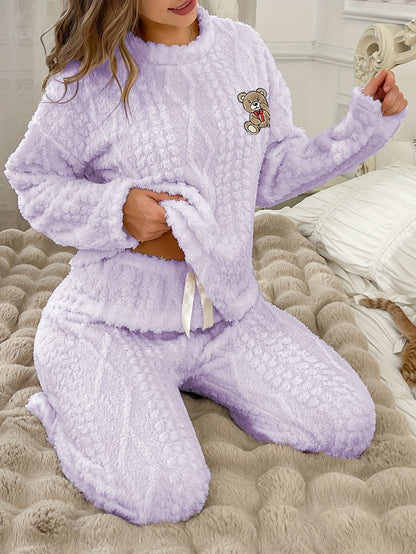 Autumn and Winter Plush Pajamas for Women - Thickened Coral Velvet Long Sleeve Top with Round Neck, Pants Set, Cute Bear Embroidery Cartoon Warm Suit, Comfortable Casual Outfit