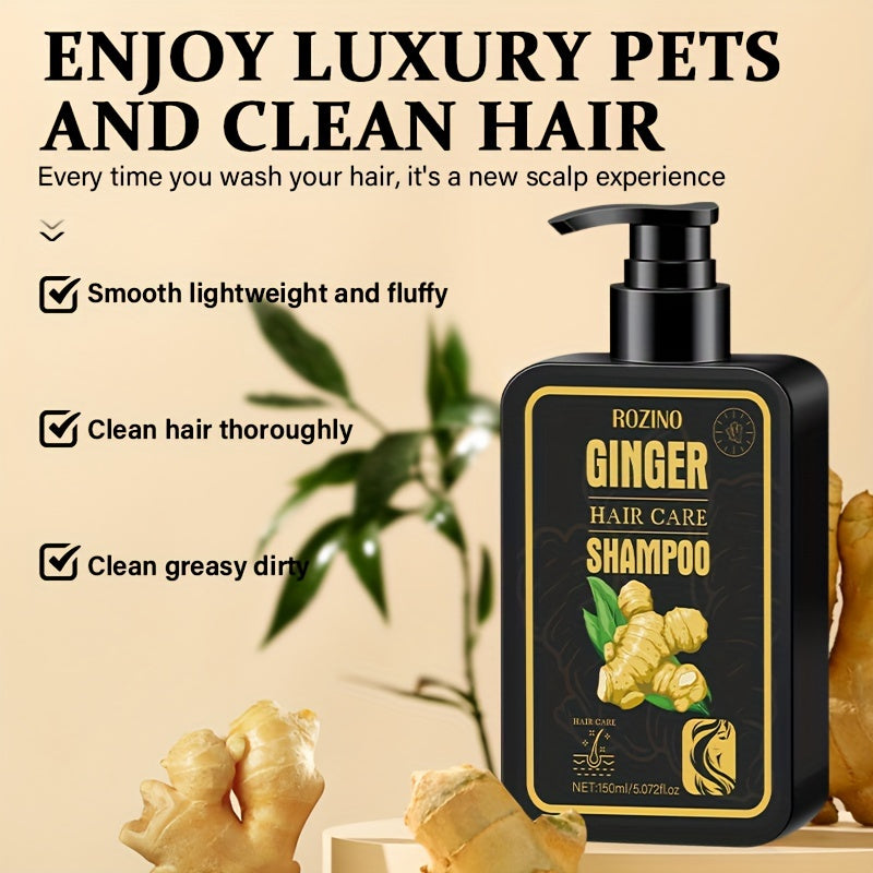 Champô Capilar de Gengibre ROZINO 150ml - Equilibra a oleosidade e a hidratação, fortalece as raízes, nutre os folículos com manteiga de karité, purifica o couro cabeludo para um cabelo suave e hidratado.