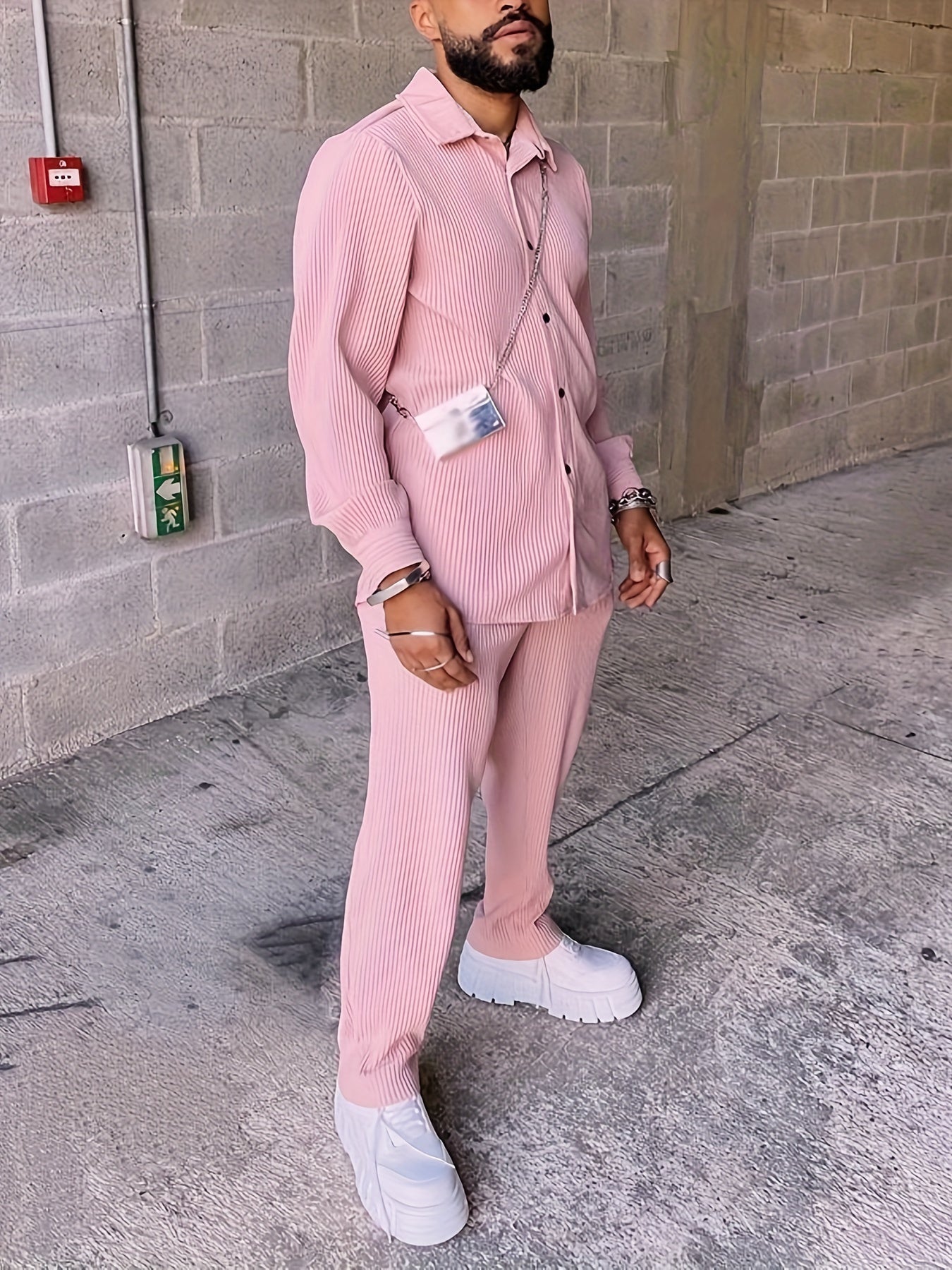 Men's 2Pcs Outfits, Casual Lapel Button Up Long Sleeve Shirt And Pants Set For Summer, Men's Clothing For Daily Leisure Vacation Resorts, Coquette Style