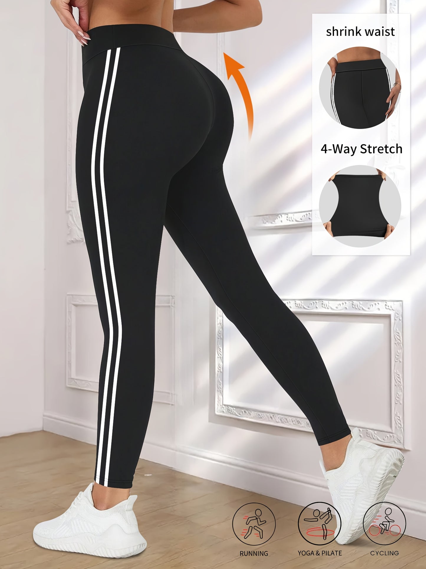 Women'S High-Waisted Black Side Stripe Leggings - Compression Fit, 4-Way Stretch, Crop Length, Sports Pants for Fitness and Casual Wear, Athletic Wear|Side Stripe Leggings|Compression Fit Leggings