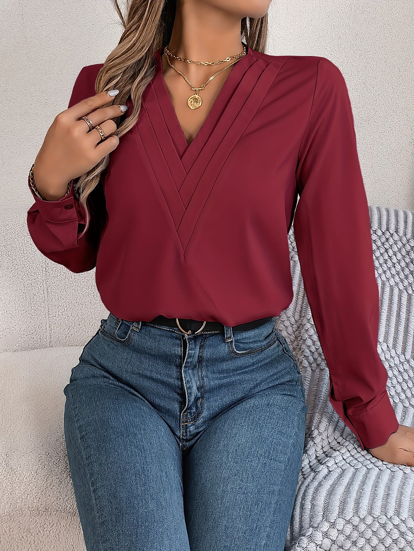 Women'S Elegant V-Neck Long Sleeve Shirt, Solid Color Polyester Blouse with Triple V-Cut, 95% Polyester 5% Elastane, Woven Fabric, 120g/m², for Spring/Summer/Fall - Adult