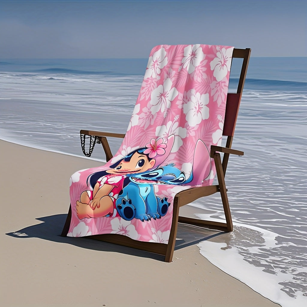 1pc Lilo & Stitch Beach Towel - Pink Floral Design, Soft Microfiber, Perfect for Yoga, Travel, Swimming, Beach, Fitness, Camping, Bathroom - Ideal Valentine'S Day & Birthday Gift, Beach Accessories | Playful Design | Durable