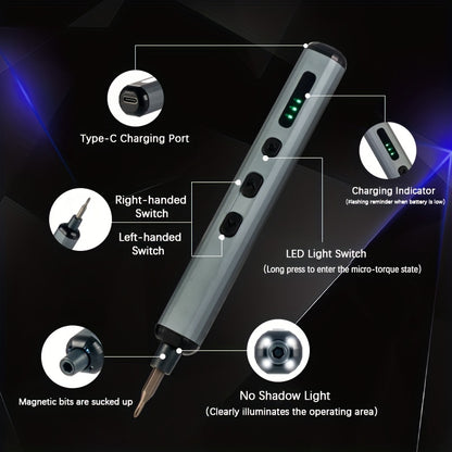 Chave de fendas elétrica 68 em 1 melhorada com 5 níveis de binário (0,1-0,5 Nm), conjunto de precisão com bateria recarregável de 350 mAh e luz LED, ferramenta para reparações domésticas em telemóveis, relógios, câmaras e computadores portáteis.