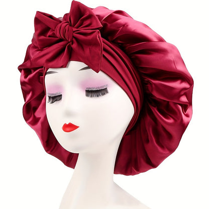Luxurious Pink Satin Sleep Cap for Women - Adjustable, Silk-Like Night Hat with Bowknot, Ideal for Curly Hair, Nylon-Polyamide Blend, Fragrance-Free - Perfect Gift for Ladies