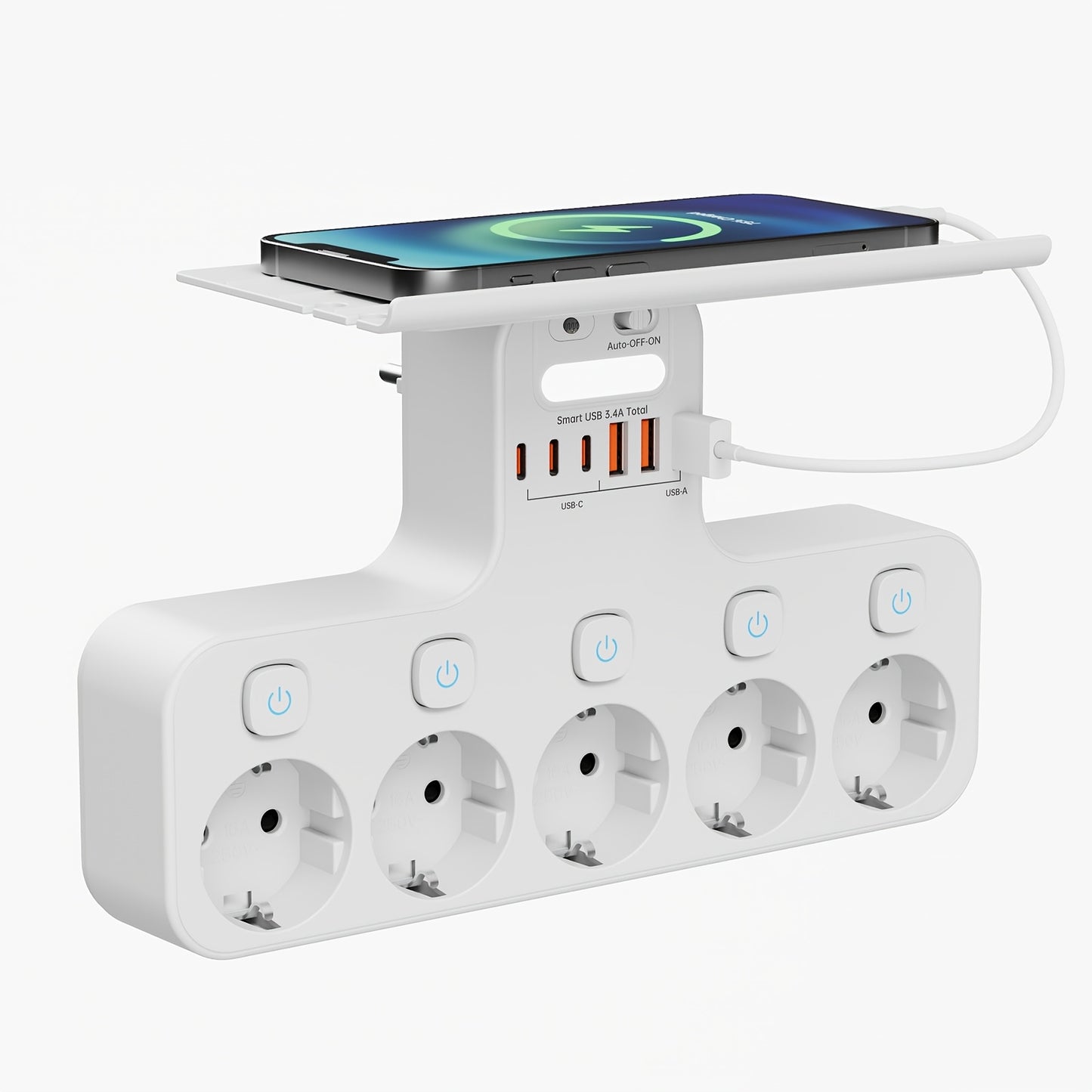European 5-Pin Socket Extension with 3 USB-A and 3 USB-C Ports, Overload Protection, Smart Light Sensor, 4000W, 16A, Ideal for Home, Outdoor, and Office Use, Outdoor Power Supply, Modern Power Outlet, Durable Power Outlet
