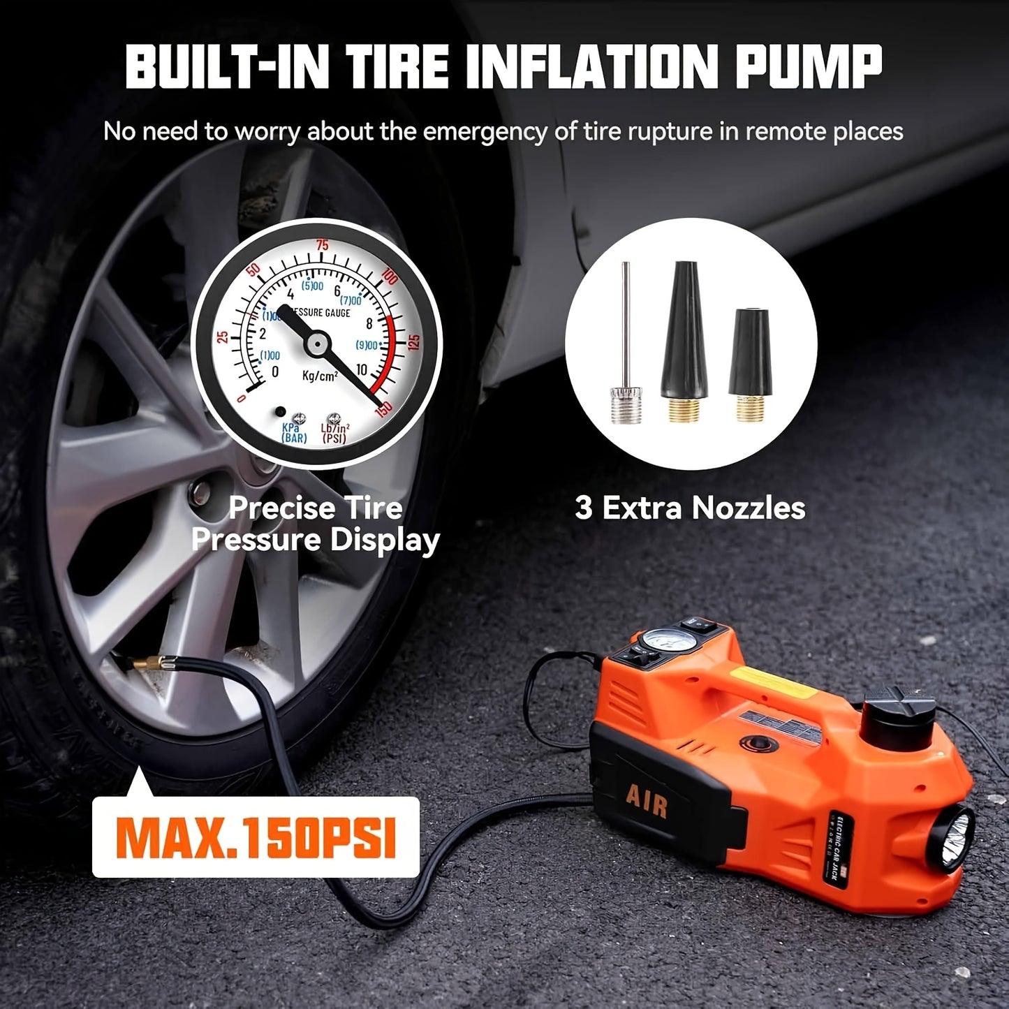 Macaco hidráulico reforçado de 12V e 5 toneladas (elevação de 15,5 a 45 cm) com compressor de ar e luz LED | Sistema de elevação sem fios para automóveis, SUV e camiões, troca de pneus e reparações em oficinas mecânicas.