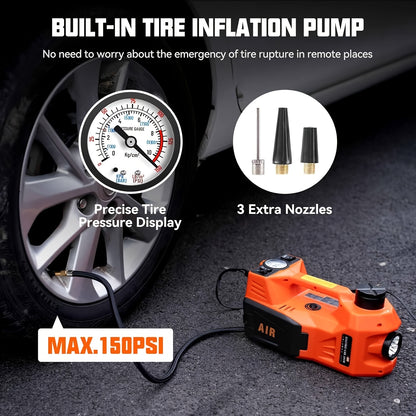 Macaco hidráulico reforçado de 12V e 5 toneladas (elevação de 15,5 a 45 cm) com compressor de ar e luz LED | Sistema de elevação sem fios para automóveis, SUV e camiões, troca de pneus e reparações em oficinas mecânicas.