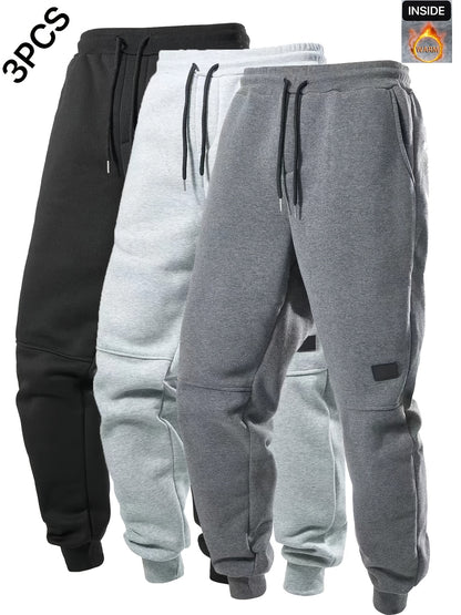 3pcs Men's Casual Athletic Joggers - Durable, Versatile & Warm Polyester Sweatpants with Drawstring Waist, Machine Washable - Black, Dark Gray, Navy Blue