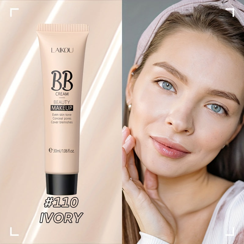 LAIKOU BB Cream à prova de água com cobertura total, tons naturais/marfim/bronzeado, 30ml, base de longa duração, controlo da oleosidade, uniformiza o tom da pele e disfarça os poros.