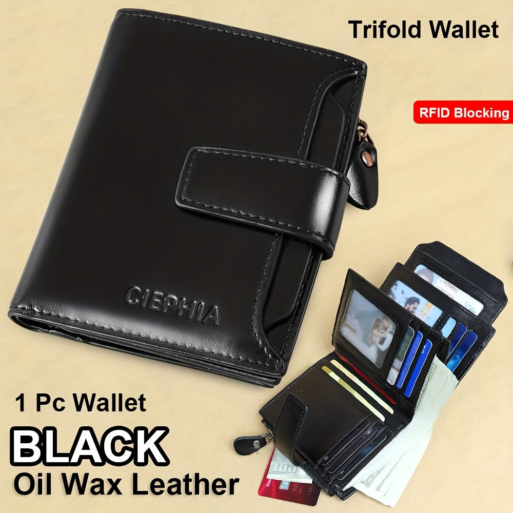 1pc CIEPHIA Men's Genuine Leather Wallet - RFID Blocking -Theft, Vintage Brown (Dark tan/, with Zipper Closure, 17-Card Holder, Coin Pocket, ID Window, Multi-Compartment - Heavy-Duty Full-Feature Wallet for Men, Ideal Gift fo