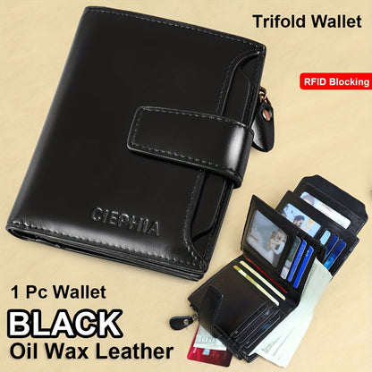 1pc CIEPHIA Men's Genuine Leather Wallet - RFID Blocking -Theft, Vintage Brown (Dark tan/, with Zipper Closure, 17-Card Holder, Coin Pocket, ID Window, Multi-Compartment - Heavy-Duty Full-Feature Wallet for Men, Ideal Gift fo