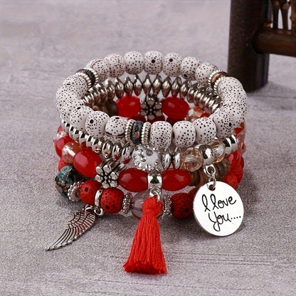 4pcs Bohemian Ethnic Style Winged Tassel Beaded Bracelets, Women's Fashion Jewelry, Versatile for Casual Attire and Perfect Holiday Gift for Girlfriend or Wife!