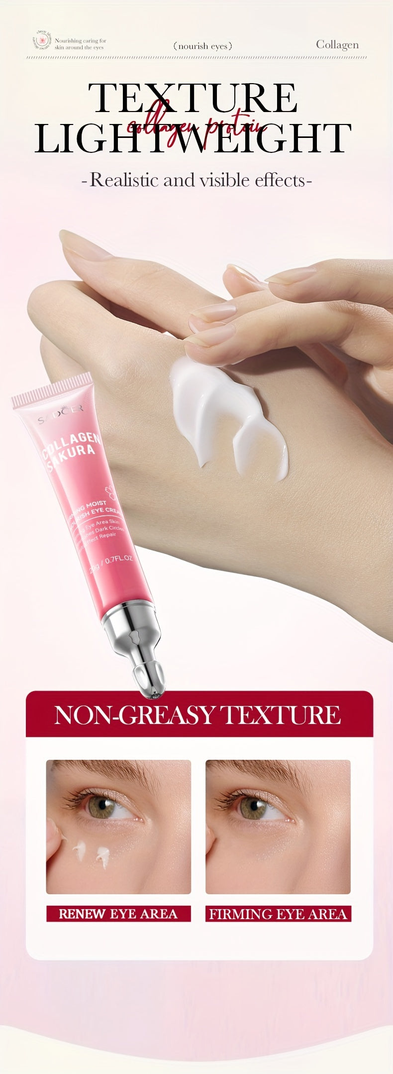 [Top-Rated] Sakura Collagen Eye Cream - 20g, Hydrating & Firming, Reduces Dark Circles & Wrinkles, for All Skin Types, Hypoallergenic with Hyaluronic Acid, Caffeine & Ceramides, Moisturizing & Anti-Aging,, Suitable for Sensit