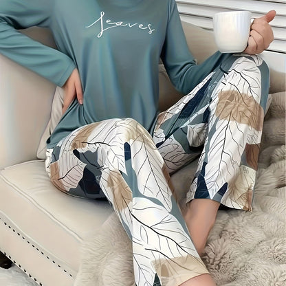 Autumn and Winter Women's Casual Versatile Elegant Letter Print Round Neck Long Sleeve Top and Pants Floral Printed Pajama Set