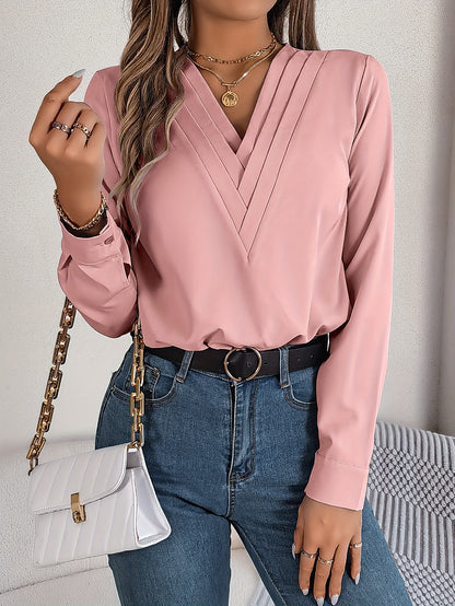 Women'S Elegant V-Neck Long Sleeve Shirt, Solid Color Polyester Blouse with Triple V-Cut, 95% Polyester 5% Elastane, Woven Fabric, 120g/m², for Spring/Summer/Fall - Adult