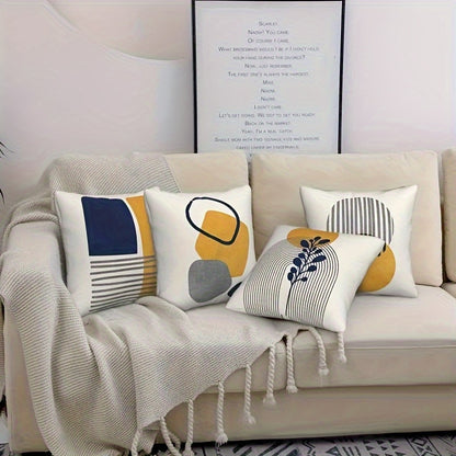 4pcs Bohemian Abstract Green Leaf Geometric Square Pillow Covers - Contemporary Machine-Washable Zipper Closure Cushion Cases for Living Room, Bedroom, Sofa & Office Decor, Bedroom Accessories | Artistic Cushion Covers | Mach