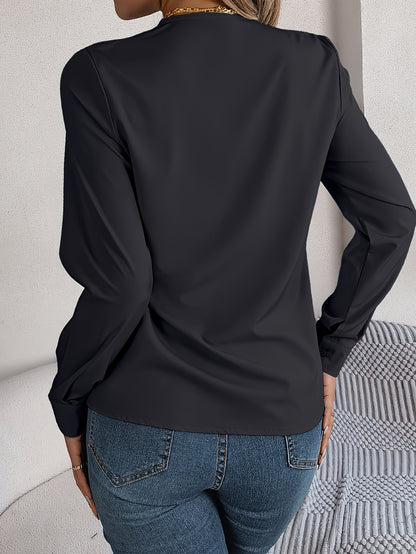 Women'S Elegant V-Neck Long Sleeve Shirt, Solid Color Polyester Blouse with Triple V-Cut, 95% Polyester 5% Elastane, Woven Fabric, 120g/m², for Spring/Summer/Fall - Adult