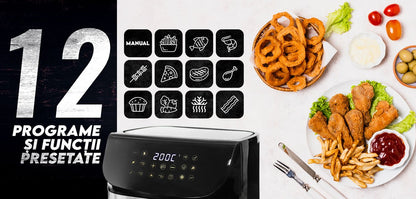 Air Fryer, Oil-Free, iHunt Bro Air Fryer Ultra, 9-Liter Capacity, Transparent Glass Drawer, Digital Display, 12 Cooking Functions, Adjustable Temperature, Defrost & Timer, Shake Reminder, 1800W, Black