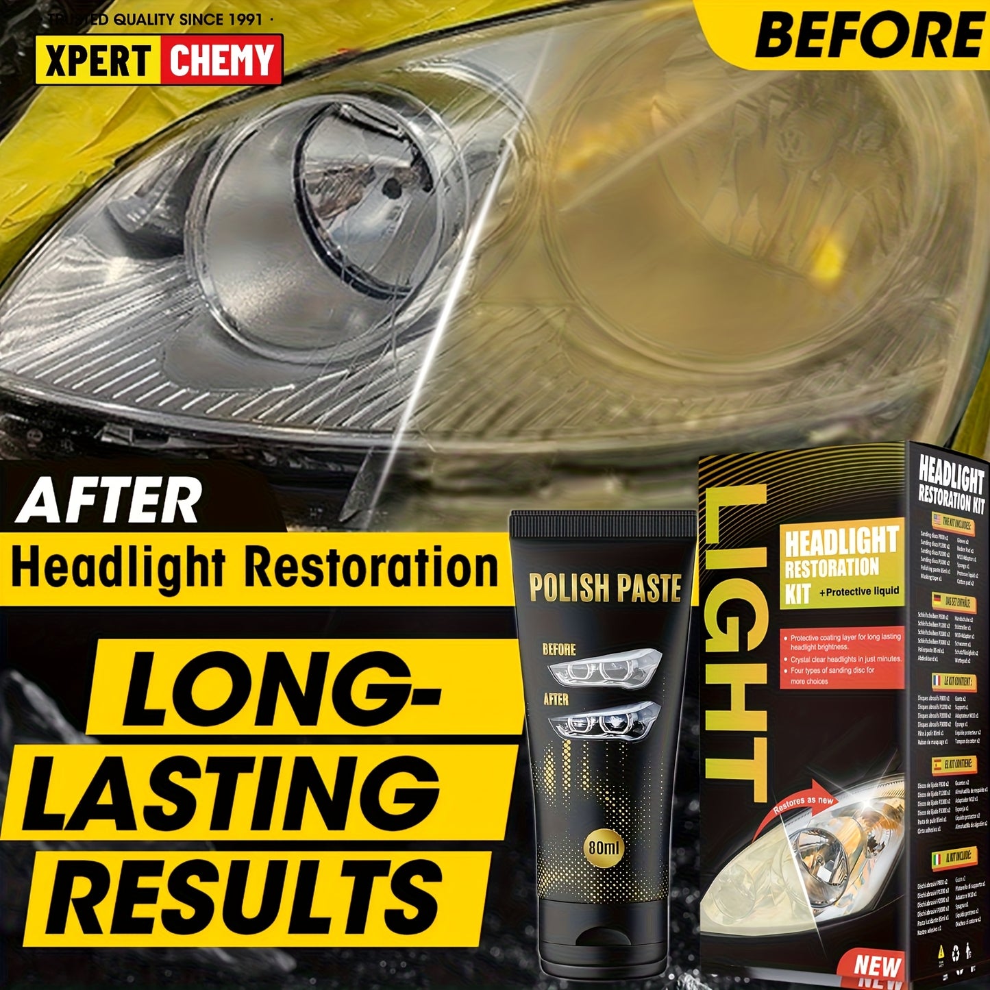 Headlight Restoration Kit, Universal Model, with Sanding Discs, Clear Coat Wipes, Foam Pad & Glove, for Car Headlights, Taillights, Fog Lights, Plastic Lens Restoration and Protection
