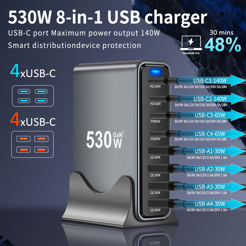 1pc EU desktop charging block 530w 8-port in one Compatible with Macbook Pro M4 MAX140W fast charging Small and portable, suitable for travel, home or office use, support for mobile phones, watches, computers and headphones C