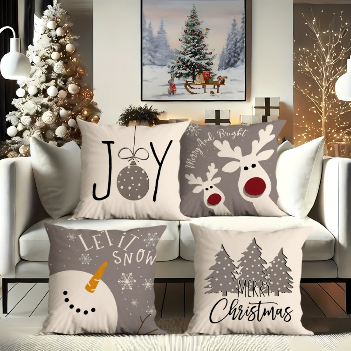 4pcs single-sided printed Christmas short plush pillowcasesChristmas Decorative Pillows for Living Room, Festive Winter Throw Cushions in Soft Fabric, Beige and Gray with Joy, Snowman, Reindeer Designs, Durable and Lightweigh