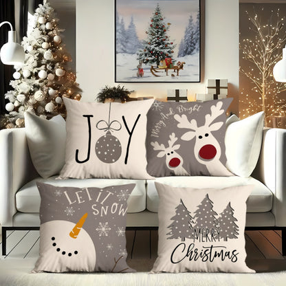4pcs single-sided printed Christmas short plush pillowcasesChristmas Decorative Pillows for Living Room, Festive Winter Throw Cushions in Soft Fabric, Beige and Gray with Joy, Snowman, Reindeer Designs, Durable and Lightweigh