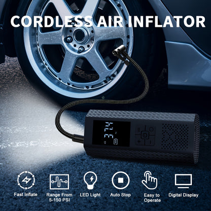 Portable Air Compressor Tire Pump, 150PSI Car Tire Air Pump with Tire Pressure Gauge, LED, 3x Faster One-Click Smart Wireless Tire Inflator for Cars, Motorcycles, Bicycles, Balls, etc