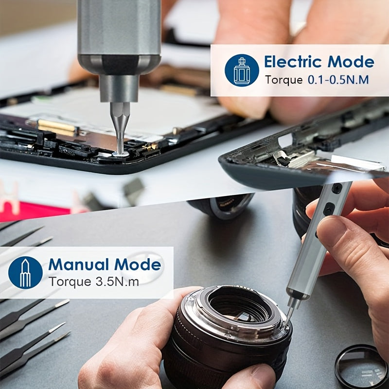 Chave de fendas elétrica 68 em 1 melhorada com 5 níveis de binário (0,1-0,5 Nm), conjunto de precisão com bateria recarregável de 350 mAh e luz LED, ferramenta para reparações domésticas em telemóveis, relógios, câmaras e computadores portáteis.