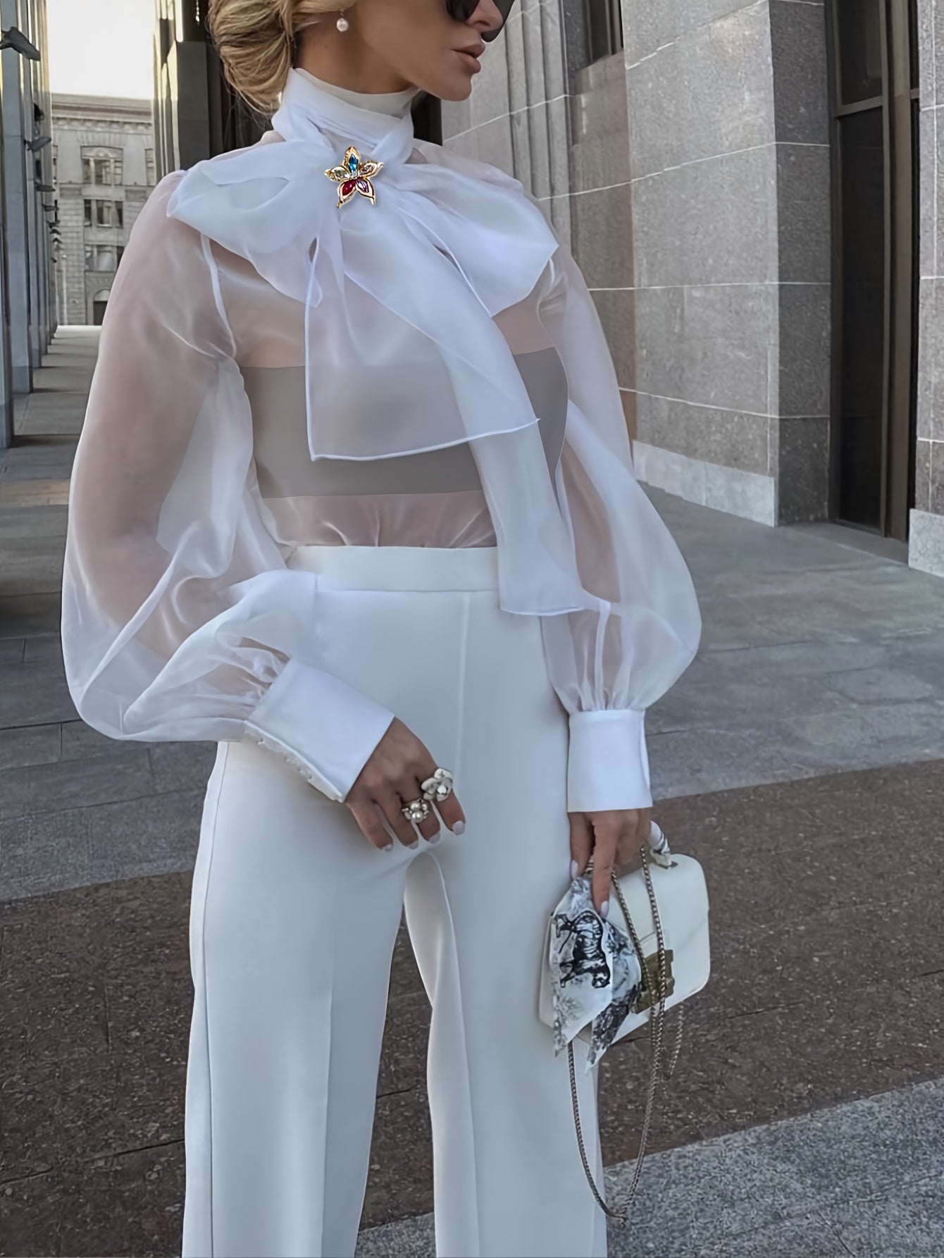 Elegant Plus Size Women'S Blouse with Sexy Bow Collar, Bubble Sleeves, and Pearl Accents - Chic Solid Color Non-Stretch Fabric for All Seasons, Plus Size Blouses